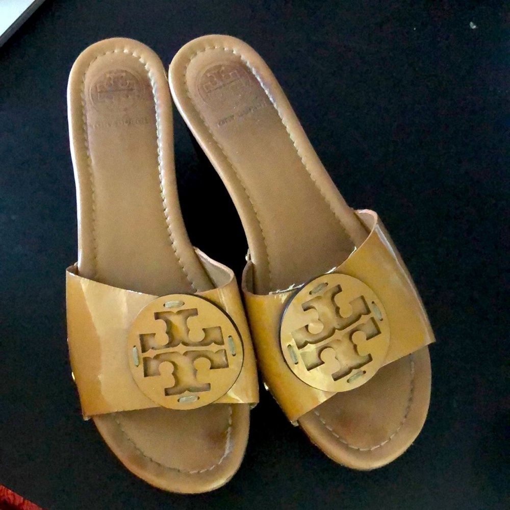 Very worn Tory Burch wooden wedges size  nine